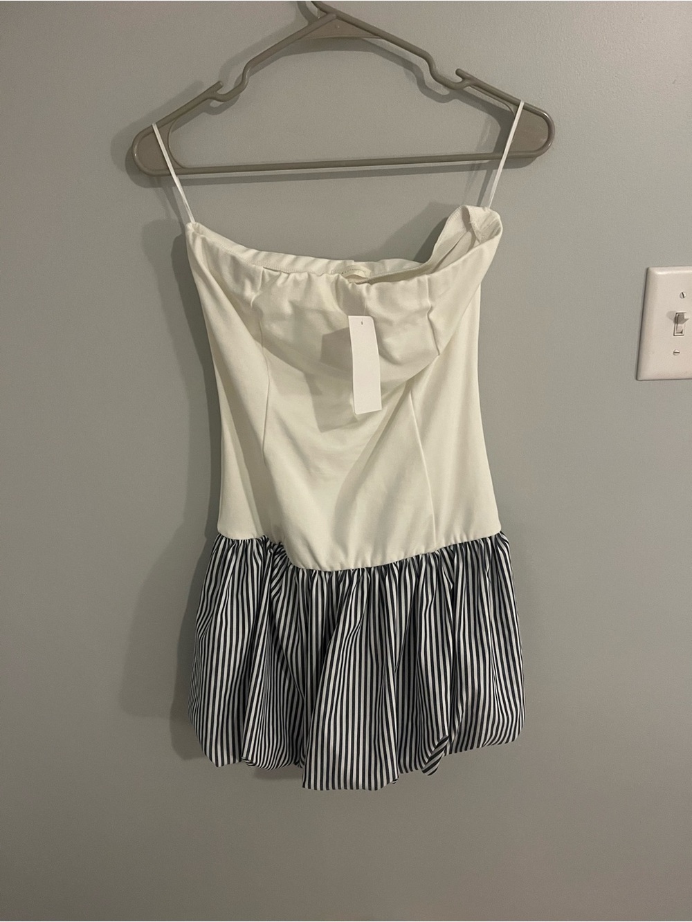 Strapless Mini Dress with Navy Stripe Bottom